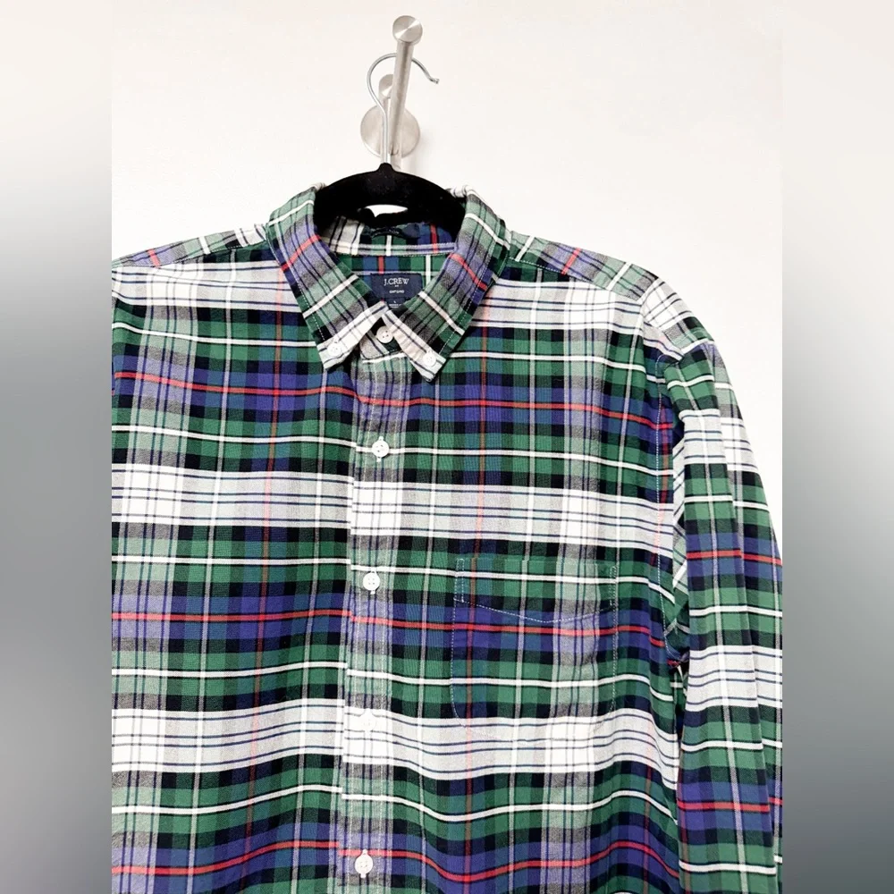 Set of 2 J. Crew Oxford Button‎ Up Plaid Cotton Long Sleeve Shirts Red Green L